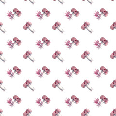 The gifts of the autumn forest: mushrooms. Vintage fall pattern, great design for any purpose. Watercolor illustration. Botanical background. White background