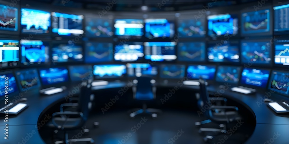 Poster hightech control room with cybersecurity measures and glowing screens displaying firewall status. co