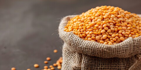 Background with burlap bag full of masoor dal red lentils. Concept Food Photography, Natural Textures, Rustic Props, Ingredient Showcase