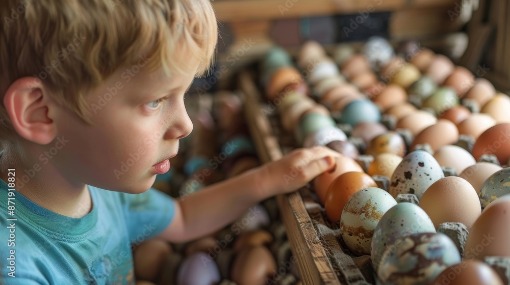 Poster a young boy eagerly examines a display of foraged eggs each one a unique and beautiful color gathere