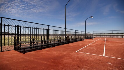 bleachers at red clay tennis court with lights and places to sit and watch © WINDERFULL STUDIO