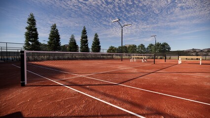 Net red clay tennis court with lights, and seats for watching © WINDERFULL STUDIO
