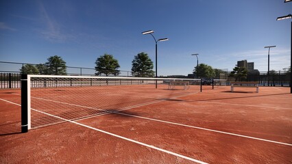 Net red clay tennis court with lights, and seats for watching © WINDERFULL STUDIO