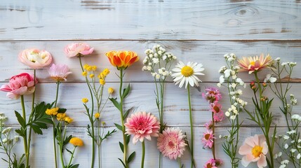 Vibrant Floral Arrangement on Light Wooden Background, Ideal for Communication and Greetings