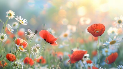 Serene Meadow Landscape with Poppies and Daisies Blooming, Blurred Background for Copy Space