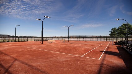 an outdoor red clay tennis court stands poised for thrilling matches, its spectator benches ready to host the passionate cheers of the crowd © WINDERFULL STUDIO