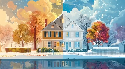 Illustration of a home during the four seasons, showcasing the effectiveness of multi-pane windows in various weather conditions