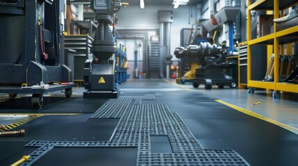 Fototapeta premium Industrial-strength rubber flooring in a garage, supporting heavy machinery and tool outlines
