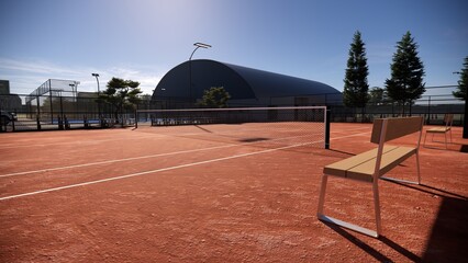 Bench at red clay tennis court, outdoors, has lights and spectator seats © WINDERFULL STUDIO