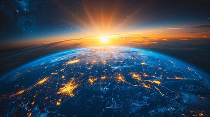 The Earth and the stars are viewed in a panoramic view. The view from space of planet Earth. 