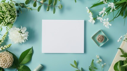 Naklejka premium Top-down view on table with white blank mockup invitation card. garden party theme