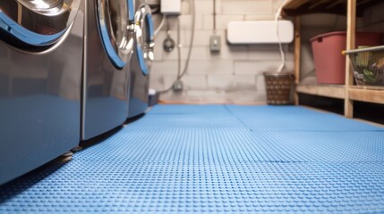 Light blue rubber mats in a basement laundry area, adding a soothing touch to a functional space