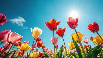 Obraz premium Vibrant Tulip Field under Clear Blue Sky for Copy Space Background