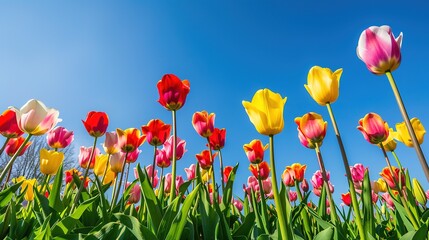 Vibrant Tulip Field Under Clear Blue Sky - Ideal Copy Space for Spring Designs