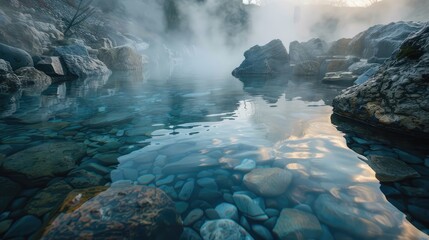 A tranquil hot spring surrounded by rocks and steam rising into the air.
