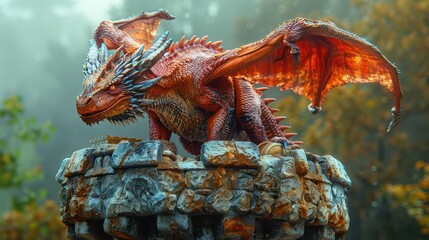 Obraz premium An awe-inspiring image capturing the magnificence of a red dragon perched atop a medieval castle turret. The dragon’s scales glisten with fiery hues, and its wings spread wide, casting a protective 