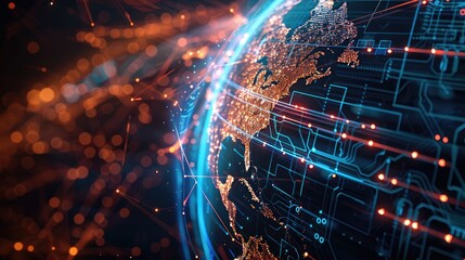 Digital network connections covering the Earth, depicting global communication and data exchange.