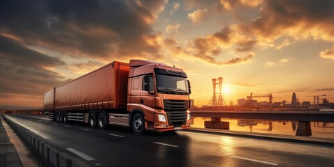 Semi Truck Driving on Bridge at Sunset