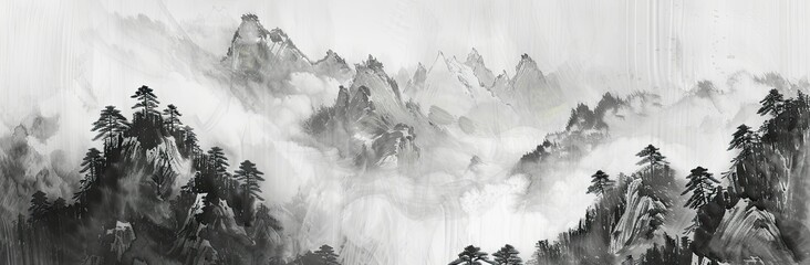 "Ink Painting of Mountains and Forests in the Distance"