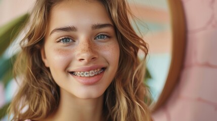 Fototapeta premium Orthodontic Treatment. Dental Care Concept. Beautiful woman healthy smile close up. Metal brackets on teeth. Beautiful female smile with braces.