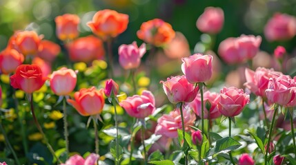 Fototapeta premium Vibrant Roses and Tulips Blooming in a Sunlit Garden with Ample Copy Space for Spring Concepts