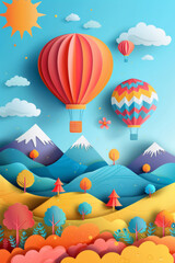 Obraz premium Hot air balloons flying in the sky with clouds and mountains in paper cut out style