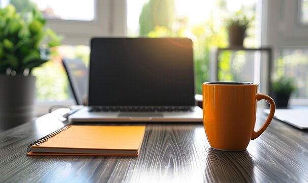 close up orange coffee mug on wooden desk