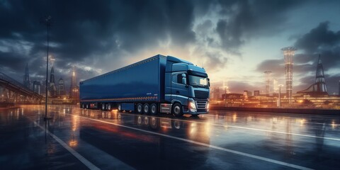 Truck Driving on a Wet Road at Night