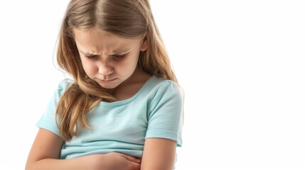 Little girl with a stomach ache, holding their stomach in pain on white background