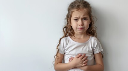 Little girl with a stomach ache, holding their stomach in pain on white background