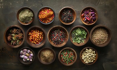 overhead shot of spices and herbs in wooden bowls on dark background, rich colors, natural lighting