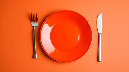 Cutlery, fork, knife, spoon and empty plate on a colored background. AI Generated