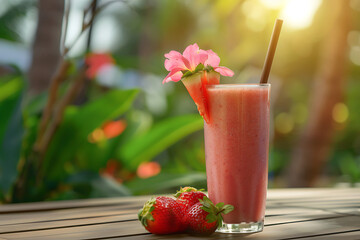 fruit summer smoothie on beach background