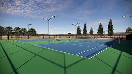 outdoor tennis court with a blue and green surface, equipped with floodlights and lined with spectator benches © WINDERFULL STUDIO