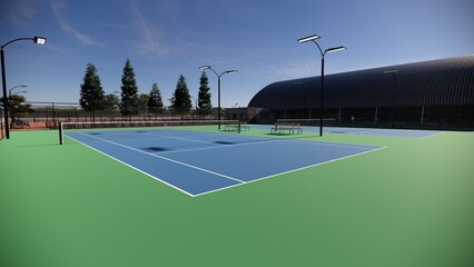 corner view of outdoor tennis court with a blue and green surface, equipped with floodlights and lined with spectator benches © WINDERFULL STUDIO
