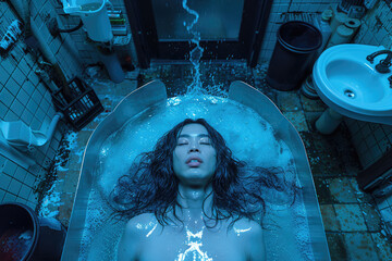 Un hombre caucásico de pelo largo está acostado con los ojos cerrados en una bañera llena de agua, con un chorro de agua salpicado sobre el. Esta es una imagen generada por la IA.