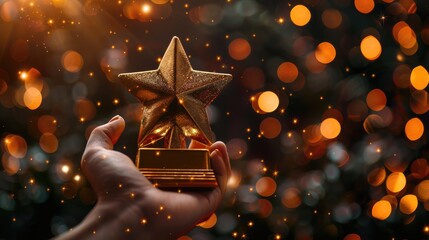 a close-up of a hand holding five golden star awards, each gleaming under soft, focused lighting. The awards symbolize achievement and success, emphasizing dedication