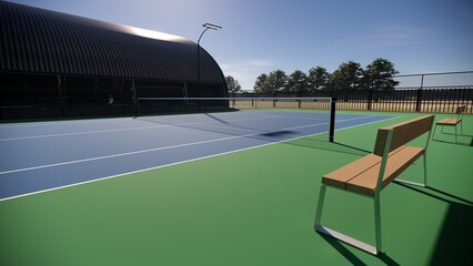 bench of outdoor tennis court with a blue and green surface, equipped with floodlights and lined with spectator bleachers © WINDERFULL STUDIO