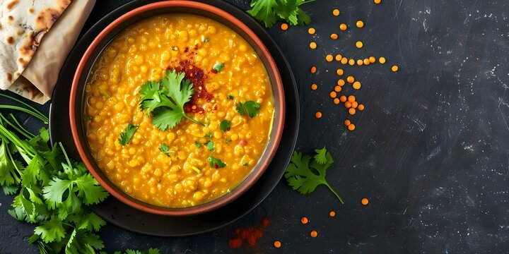 Indian dish dal tadka with spiced lentils and flavorful tempering of ghee. Concept Indian Cuisine, Dal Tadka, Spiced Lentils, Ghee Tempering, Flavorful Dish