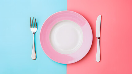 Cutlery, fork, knife, spoon and empty plate on a colored background. AI Generated