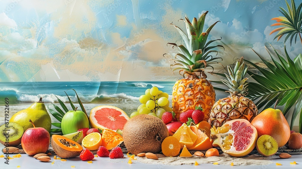 Poster vibrant array of tropical fruits on a colorful beach background - tropical paradise concept with exo