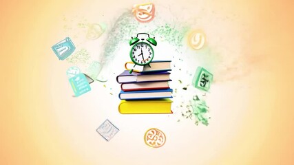 A 3D video intro of various learning materials for kindergarten and primary school children, such as textbooks and stationery used in learning and education, is displayed for educational resources.