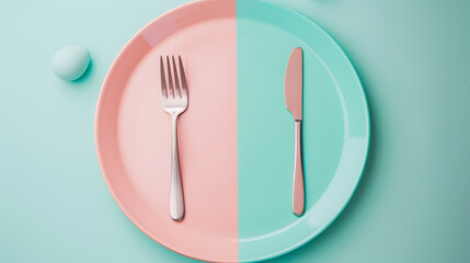 Cutlery, fork, knife, spoon and empty plate on a colored background. AI Generated