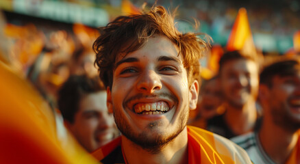 Obraz premium Portrait of handsome happy football fan on stadium surrounded with German flags.