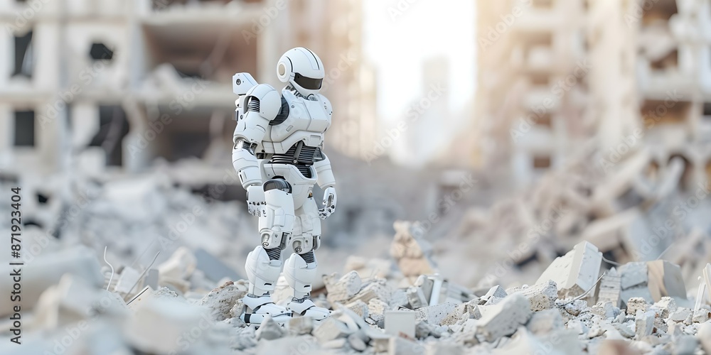 Poster hightech robot with sensors aids in disaster response by detecting survivors in rubble. concept disa