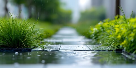 Fototapeta premium Promoting sustainability in urban areas through rainwater management and green infrastructure. Concept Green Infrastructure, Rainwater Management, Sustainable Urban Development