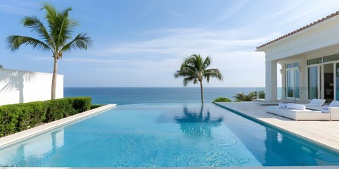 Fototapeta premium Luxurious real estate with palm trees pool and ocean views for leisure. Concept Luxury Real Estate, Palm Trees, Pool Views, Ocean Views, Leisure
