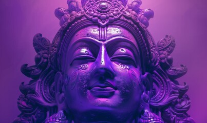 purple statue of Hindu God Shiva with intricate carvings and glowing eyes, elegant gradient background, serene expression in close-up, mystical atmosphere, soft lighting, gentle shadows