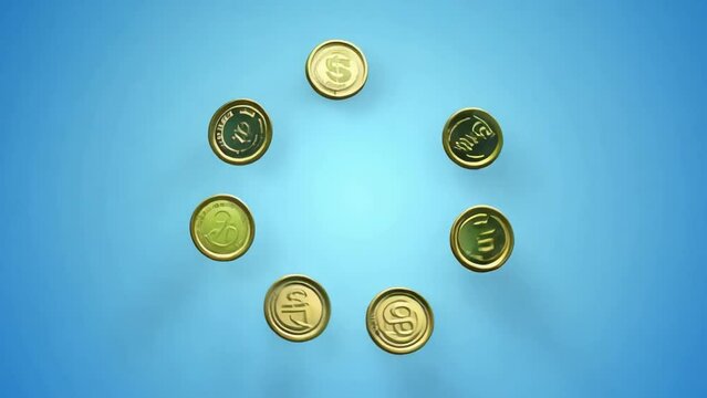 Money business, and finance 3D background 3D render of stacks of cash and floating golden coins on a blue background, representing financial savings.