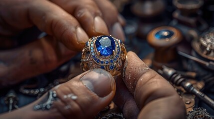 A close-up of a jeweler setting gemstones into a custom-designed ring.